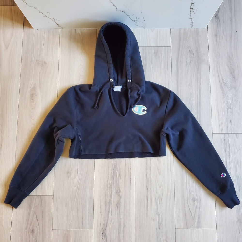 Champion Hoodie Womens S Black Reverse Weave Cropped Pastel Logo Pullover